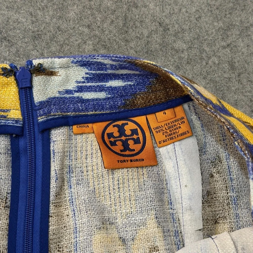 Tory Burch Yellow Blue Ikat Linen Jemima Tulip Hem Midi Skirt Women's Size 4